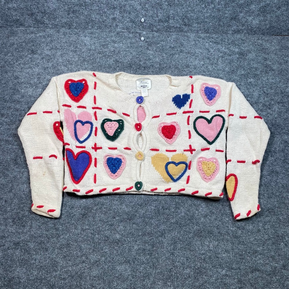 Vintage Express CIE Internationale Handknitted Heart Cropped Cardigan Cream L